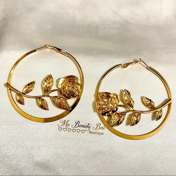Gold Rose Hoop Earrings - Picture 3 of 5